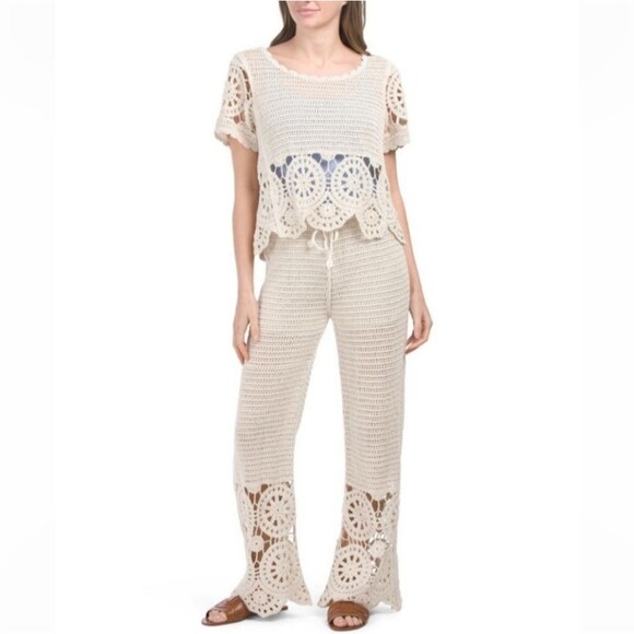 Solitaire 2 Piece Crochet Pant Short Sleeve Top Set M Medium Ivory White Beach - Picture 2 of 6
